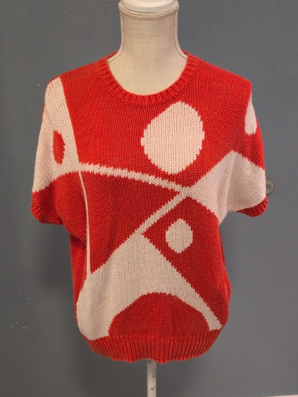 Vintage 80's Cotton Cable Knit Pop Art Short Sleeve Sweater Cottegecore Abstract